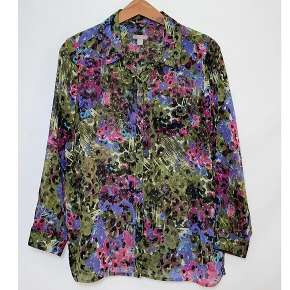 J. Jill Floral Semi-Sheer Blouse - Size M -‎ Vibrant! - Picture 1 of 9